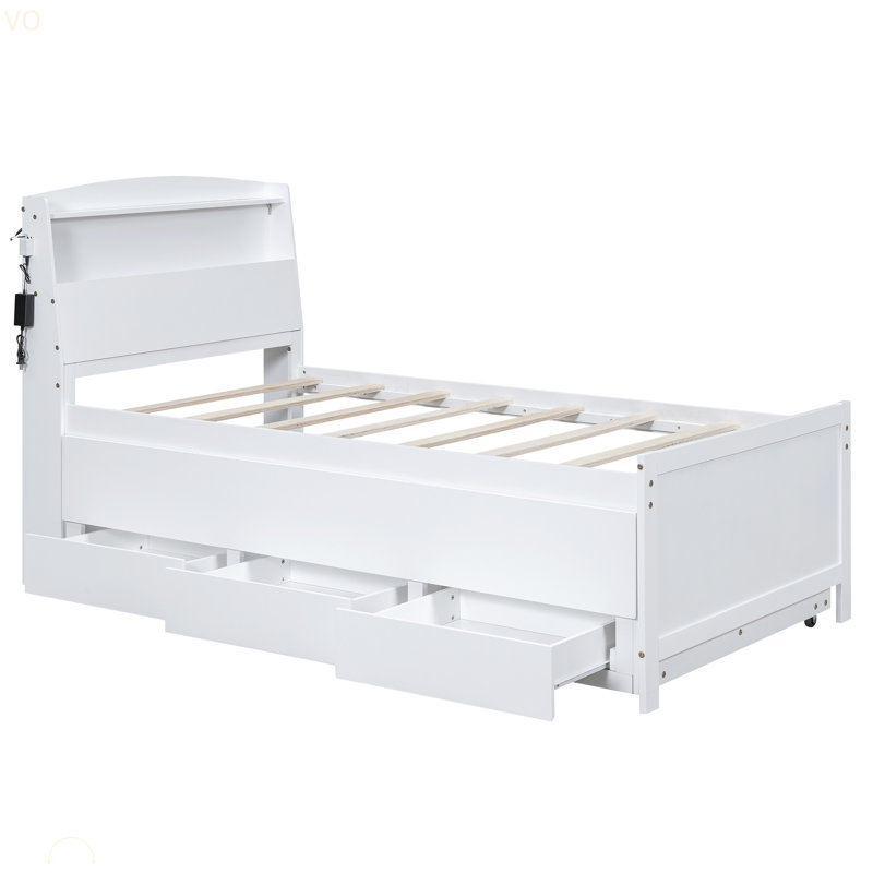 Lit plateforme avec tête de lit à DEL avec rangement, lit gigogne simple et 3 tiroirs, Lit simple