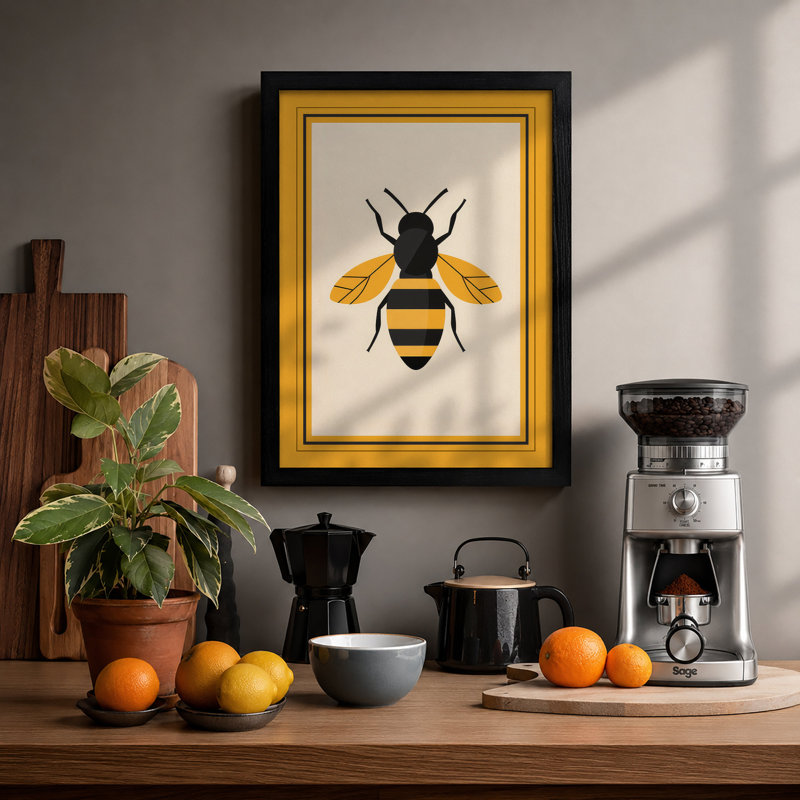 Geometric Bee Minimalist - Framed Print, Black, A3 - 42.0 x 29.7 cm