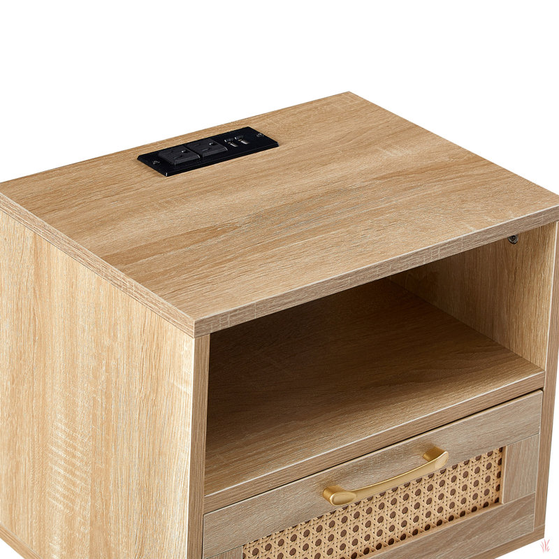 Table de bout en rotin avec tiroir, prise de courant et ports USB, Naturel