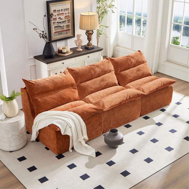 Canapé 3 places pour salon, fauteuil avec dossier et canapé entièrement comprimé, Orange