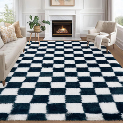 Rug - Machine Washable, Non-Slip, Stain-Resistant Checkerboard Plush Carpet for Hallways, Entryways, Bedrooms (Navy Blue)