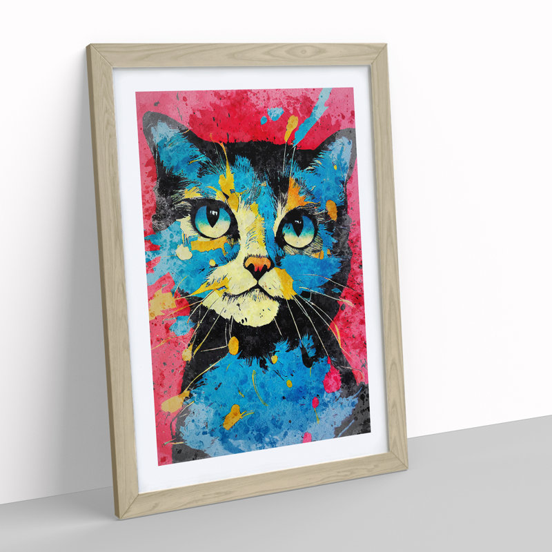Paint Splat Cat No.5 - Framed Print, 64cm H x 46cm W x 2cm D, Oak