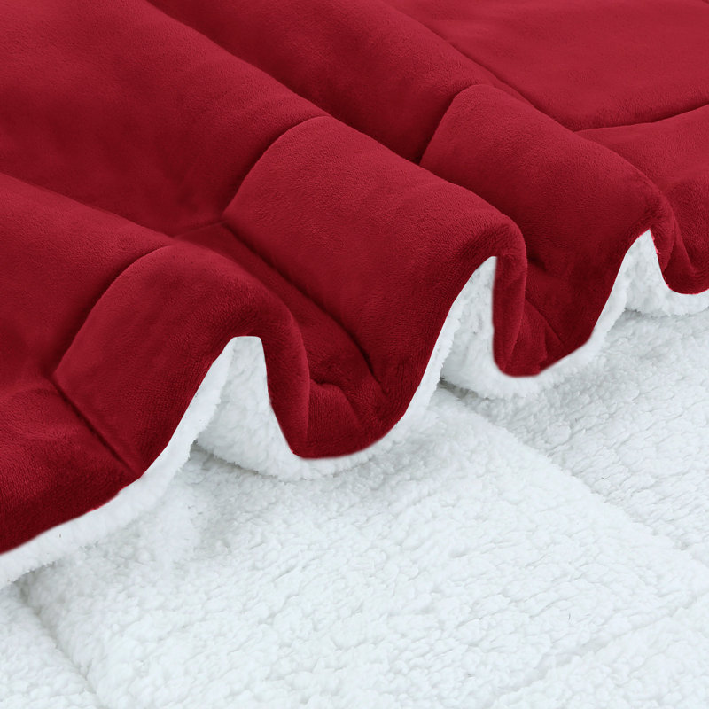 3-Piece Micromink Sherpa Comforter Set–Soft Fluffy Plush Comforter with 2 Pillowcases, Red