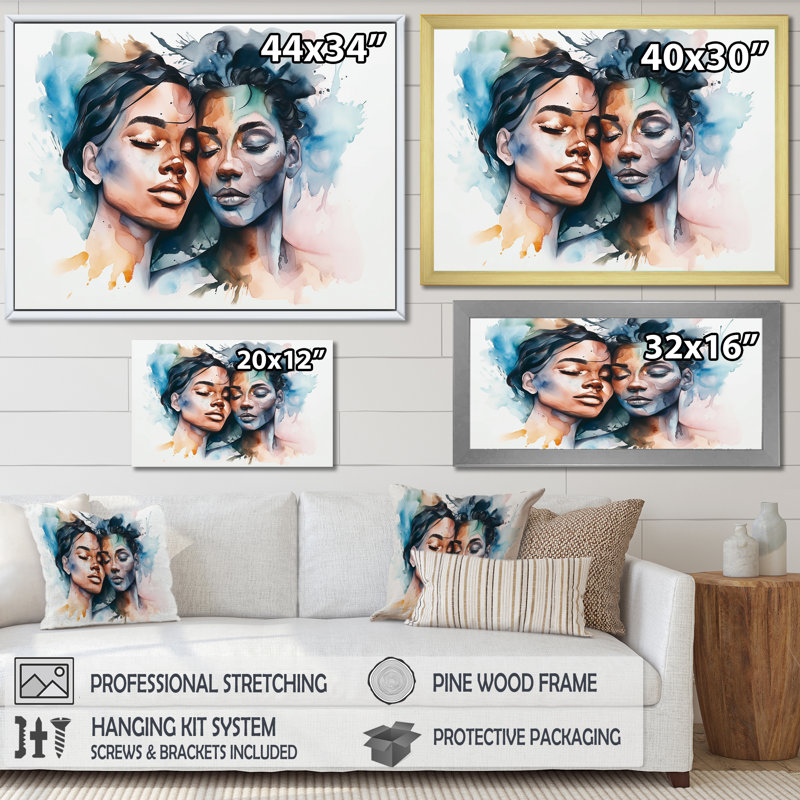 «African American Lovers Watercolor», reproduction d'art sur toile, Cadre flottant doré, H 24 po x l 32 po x P 1 po