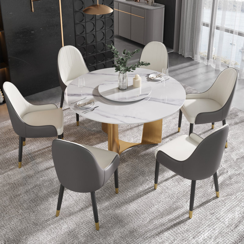 Round Sintered Stone Dining Table With Lazy Susan, 29.53"H x 53.15"L x 53.15"W, Snowy Mountains
