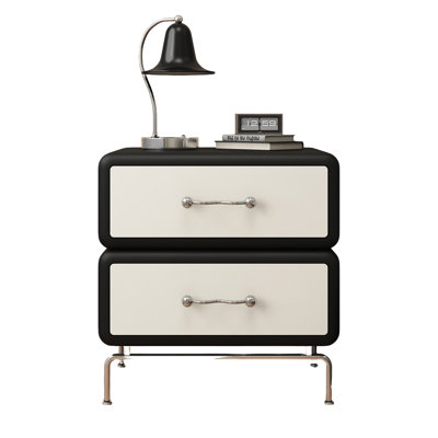 Table de chevet à deux tiroirs couleur noir et blanc H 22,83 po x l 19,69 po entièrement fabriquée en bois de pin massif avec revêtement en cuir