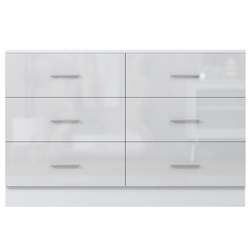 Eva High Gloss 6 Drawer Chest of Drawers - H: 75cm x D: 40cm x W: 112cm, Matte White/Gloss White