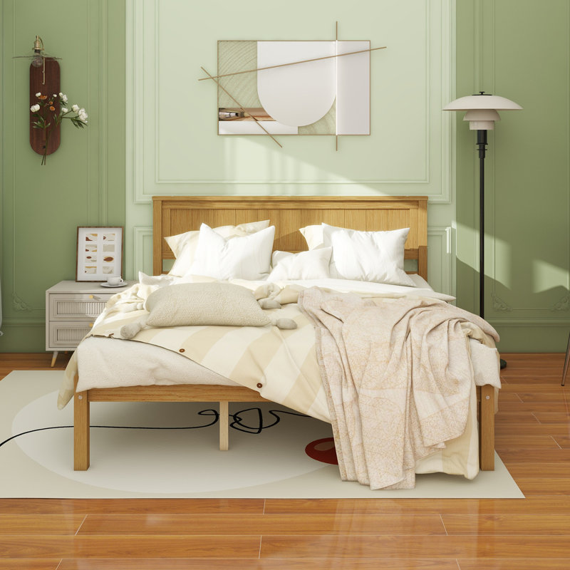 Base de lit plateforme avec tête de lit, support à lattes de bois, aucun sommier requis, grand lit, Oka, Grand, Chêne