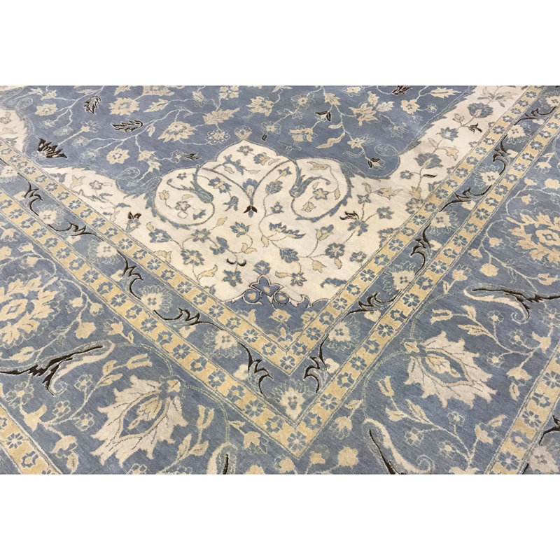 Tapis bleu clair et bleu clair noué à la main de haute qualité