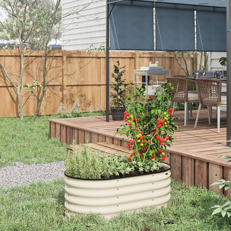Cream Galvanized Raised Garden Bed, 3.5' X 2' 1.4'. Metal Elevated Planter Box With Edge. Suited For Flower, Herb & Vegetable Cultivation. Self-Draining. Steel Material. 41.25" L 23.5" W 16.5" H
