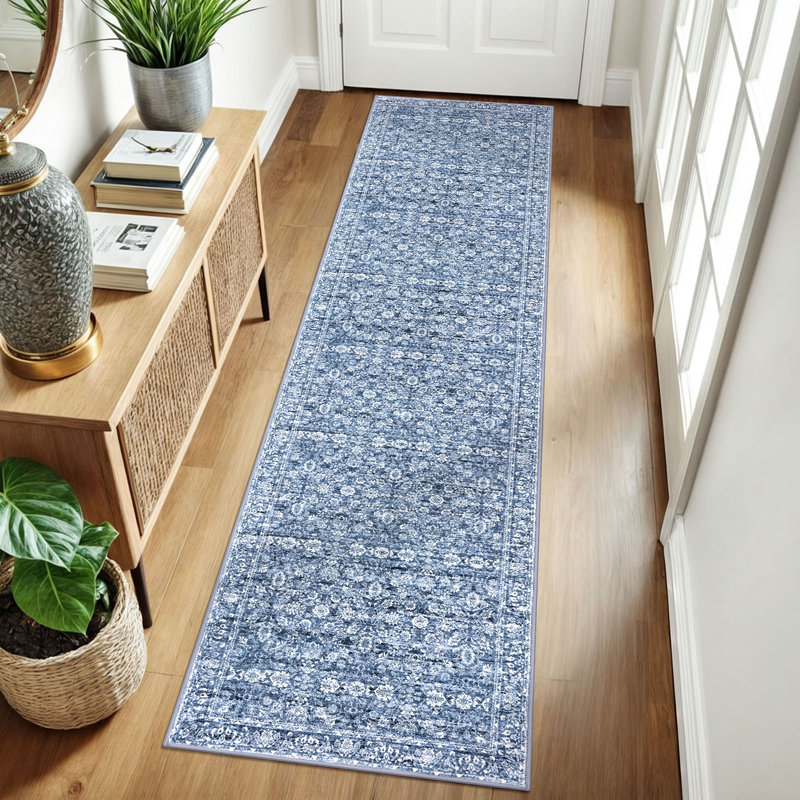 Tapis bleu lavable pour tapis de chambre à coucher avec envers en caoutchouc, Blue/White, Tapis de couloir 2 pi x 8 pi
