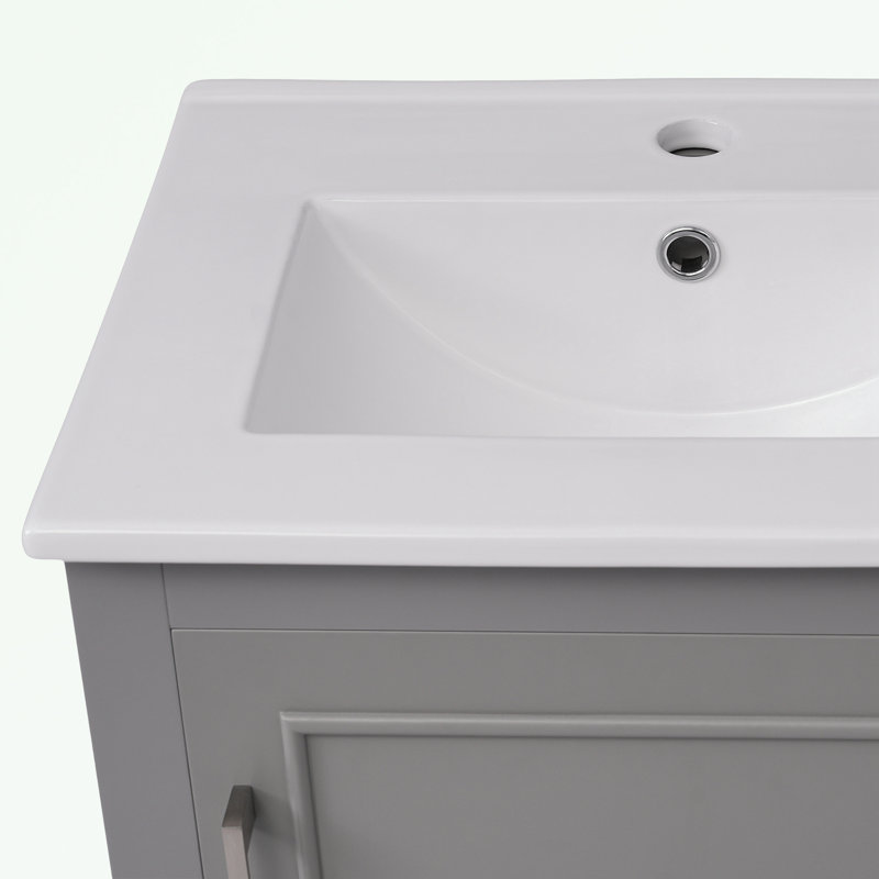Petit meuble-lavabo moderne avec lavabo en céramique et 1 porte à fermeture douce, Gris