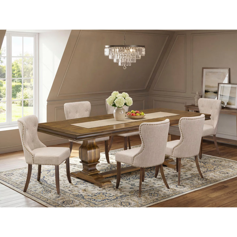 Cet ensemble de salle à manger moderne 7 pièces comprend une table en bois et 6 chaises de salle à manger modernes en lin brun clair avec dossier capitonné - Finition noyer antique