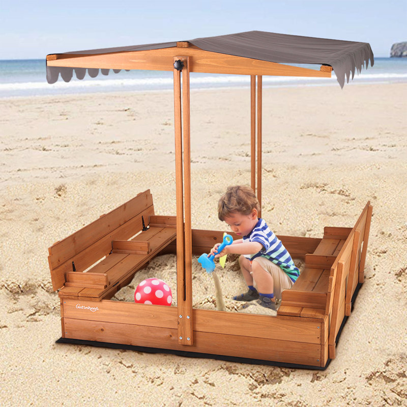 Natural Wood Kids' Sandbox with Cover and Bench