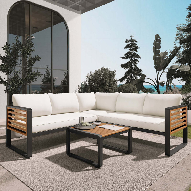 Ensemble de conservation de patio 4 pièces, cadre en métal et bois, Beige