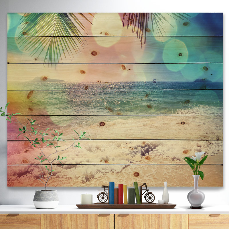 Plage tropicale colorée - Art mural en bois nautique et côtier - Bois de pin naturel, H 16 po x l 32 po x P 1 po