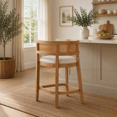 Transitional Rattan Back Counter Height Dining Chairs With Arms And Upholstered Cushions For Kitchen Islands