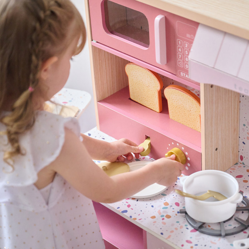 Teamson Kids Little Chef Savannah 3-Piece Modular Wooden Pretend Play Kitchen With 21 Accessories, Pink