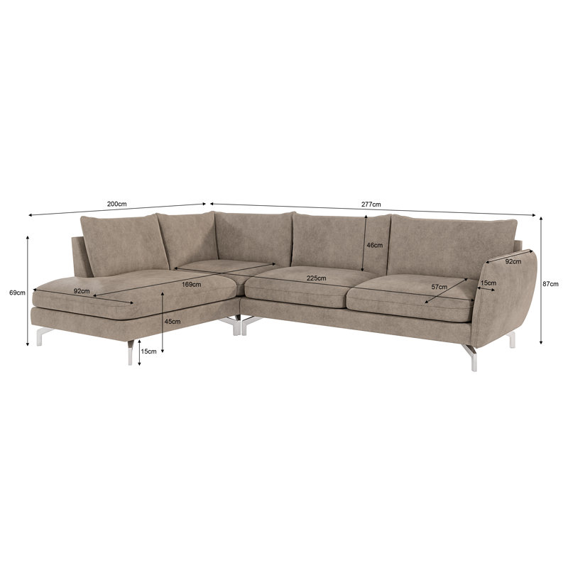 Modern L-Shape Corner Sofa  with Silver Metal Legs, Left Hand Facing, Dark Beige