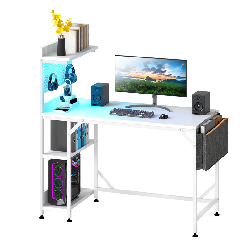 Reversible 110Cm W Computer Desk,Home Office Desk Gaming Table With Storage Shelf&LED Lights, White
