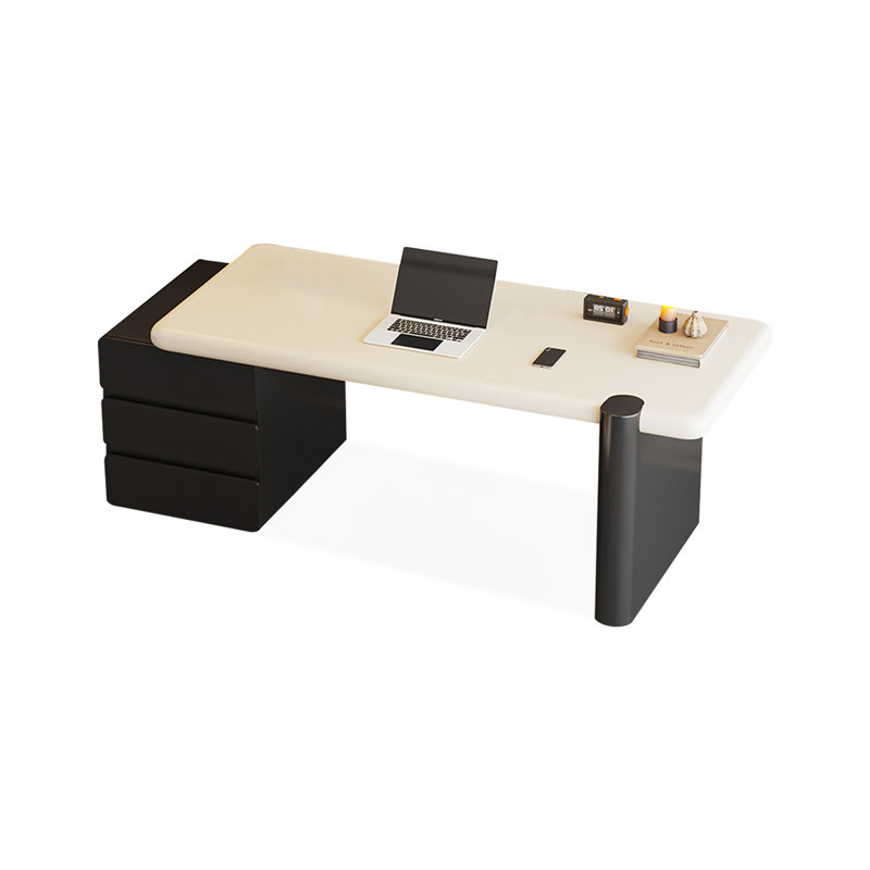 Bureau blanc et noir en bois manufacturé rectangulaire + fer avec 3 tiroirs, H 29,53 po x l 70,87 po x P 23,62 po