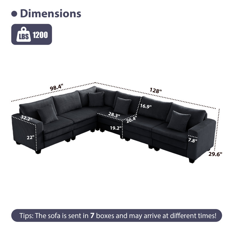 L Shaped Corduroy 6-Seat Modular Sectional Reversible Corner Sofa Couch, Black Corduroy