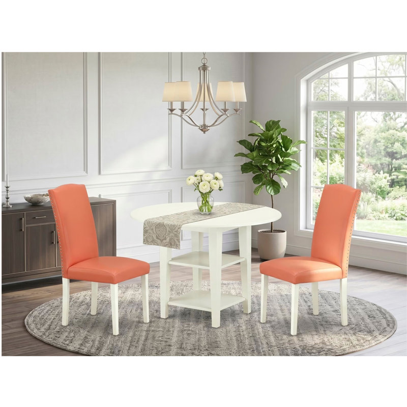 L'ensemble de table de salle à manger 3 pièces comprend une table de salle à manger ronde avec feuilles et tablettes Dropleaf et 2 chaises rembourrées en similicuir flamant rose, blanc lin