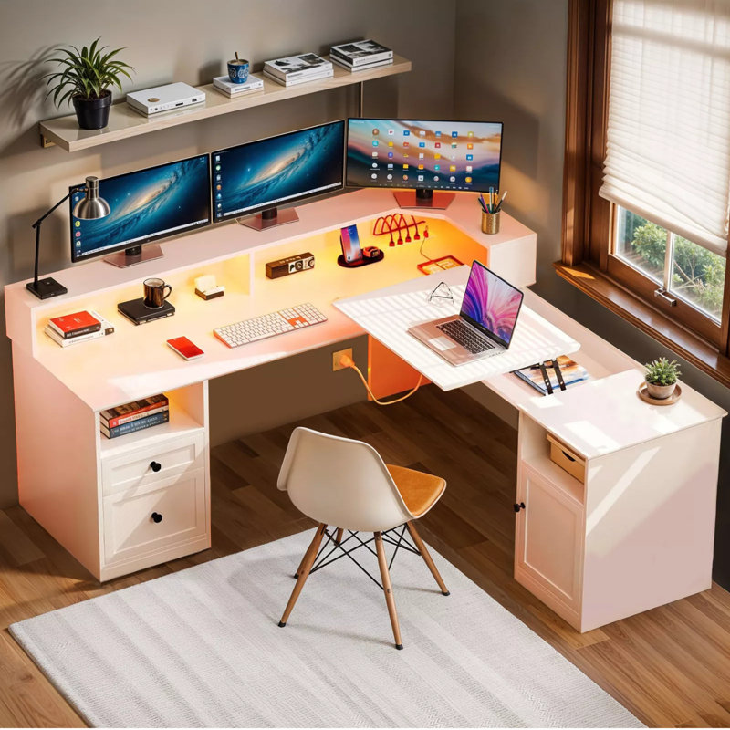 Balconera 60'' L Shaped Desk With Power Outlet,  LED Lights & Lift Top, White