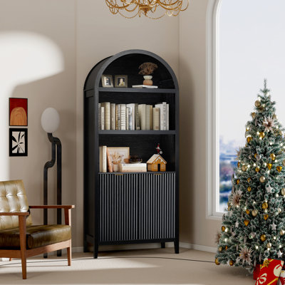 Arched Bookcase with 5 Shelves, 71" Tall Bookshelf with Door, Black