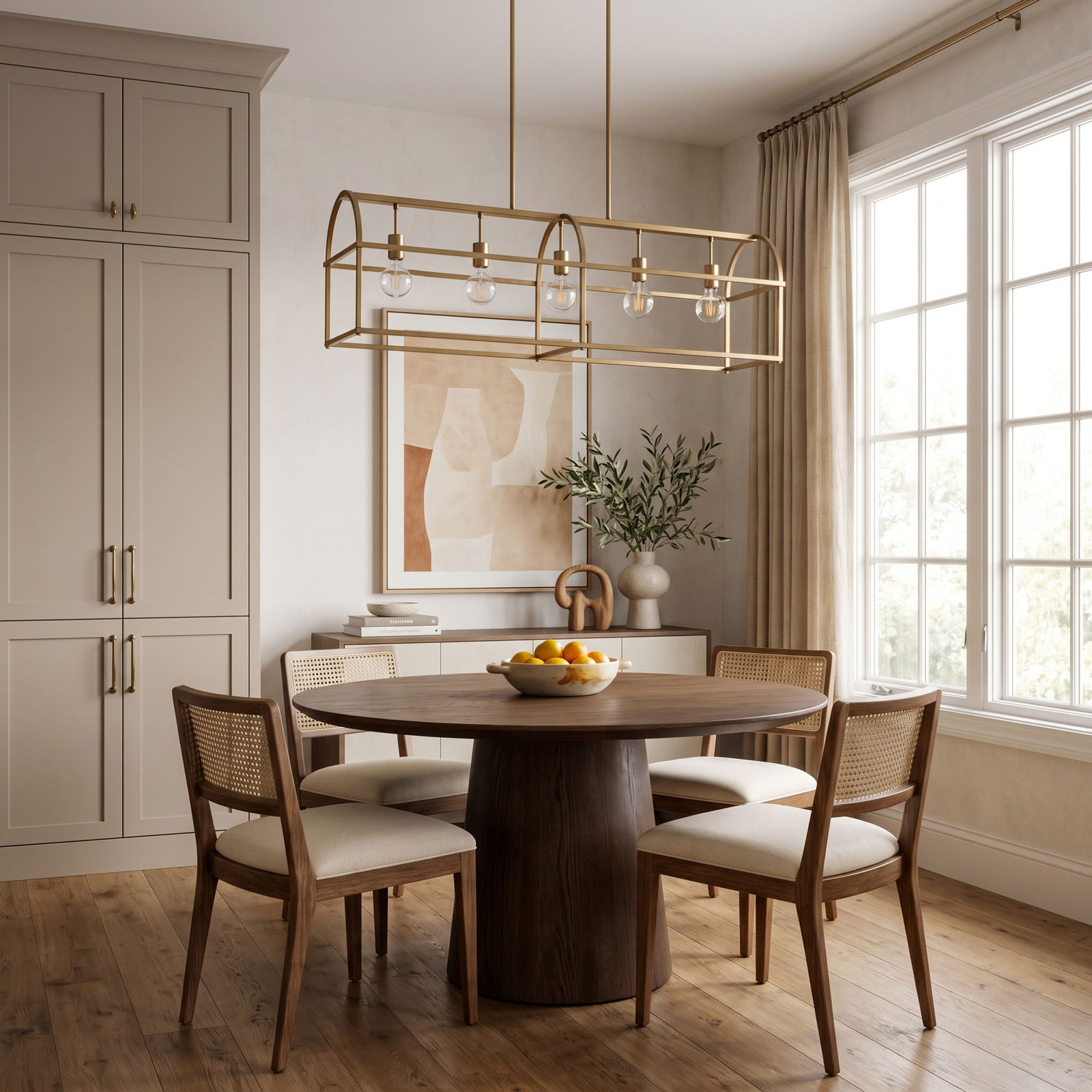 5 Light Dimmable Pendant, Aged Brass