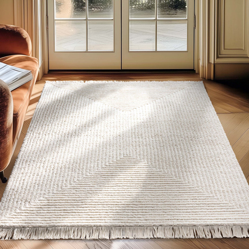 Monroe Solid & Striped Textured Ivory Ultra Soft High-Low Shag Rug, Rectangle 3'11" x 5'3"