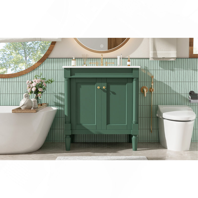 Armoire de meuble-lavabo 30 po avec lavabo en céramique, 30 po, armoire de rangement avec portes à fermeture douce et pieds en bois massif