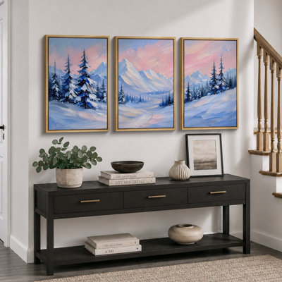 Snowy Mountain Forest Winter Landscape Artwork, Bedroom Pictures, Framed Canvas Giclee Print 3 Pieces Wall Art - 16"x24"x3pcs, 24"x36"x3pcs