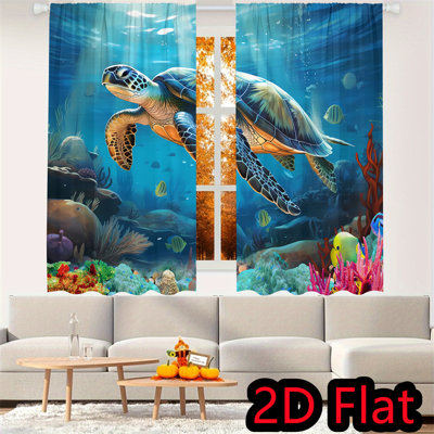 2 pièces de rideaux filtrant la lumière sur le thème de l'océan classique - corail, conception d'algues pour chambre à coucher et salon, habillage de fenêtre, rideaux à thème océan, panneaux de fenêtre en polyester