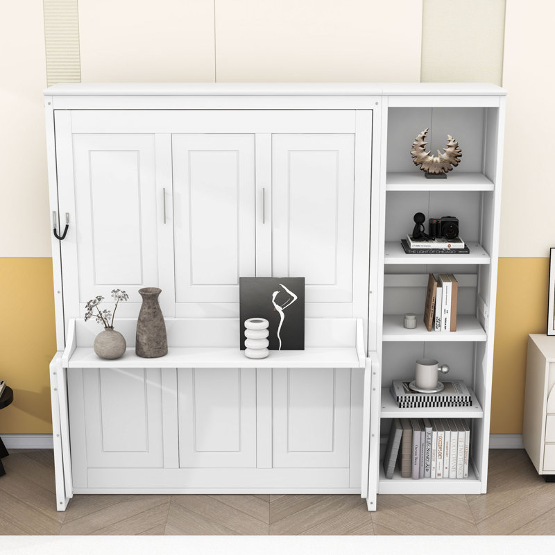 Lit escamotable avec bureau et bibliothèque Murphy, Double, Blanc
