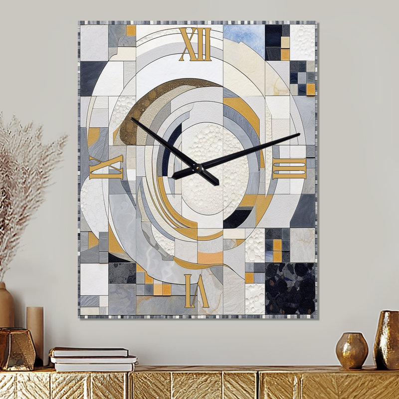 Horloge murale abstraite en mosaïque grise et jaune III, Grand