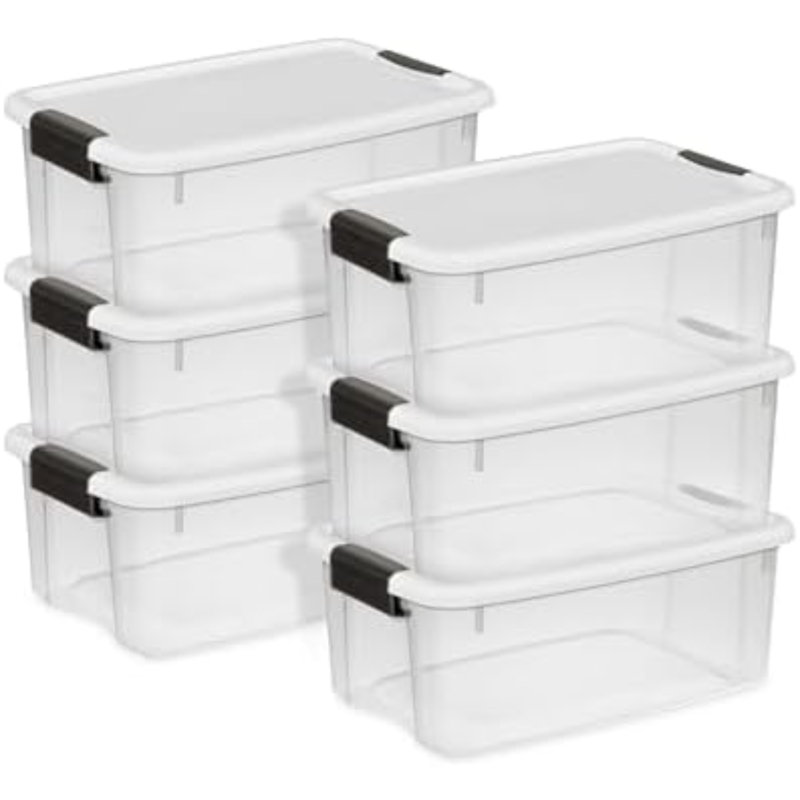 Ensemble de 6 boîtes à loquet, bacs de rangement avec couvercles, plastique transparent, 18 pintes - Contenants de rangement robustes pour placard, salle de bain et bureau