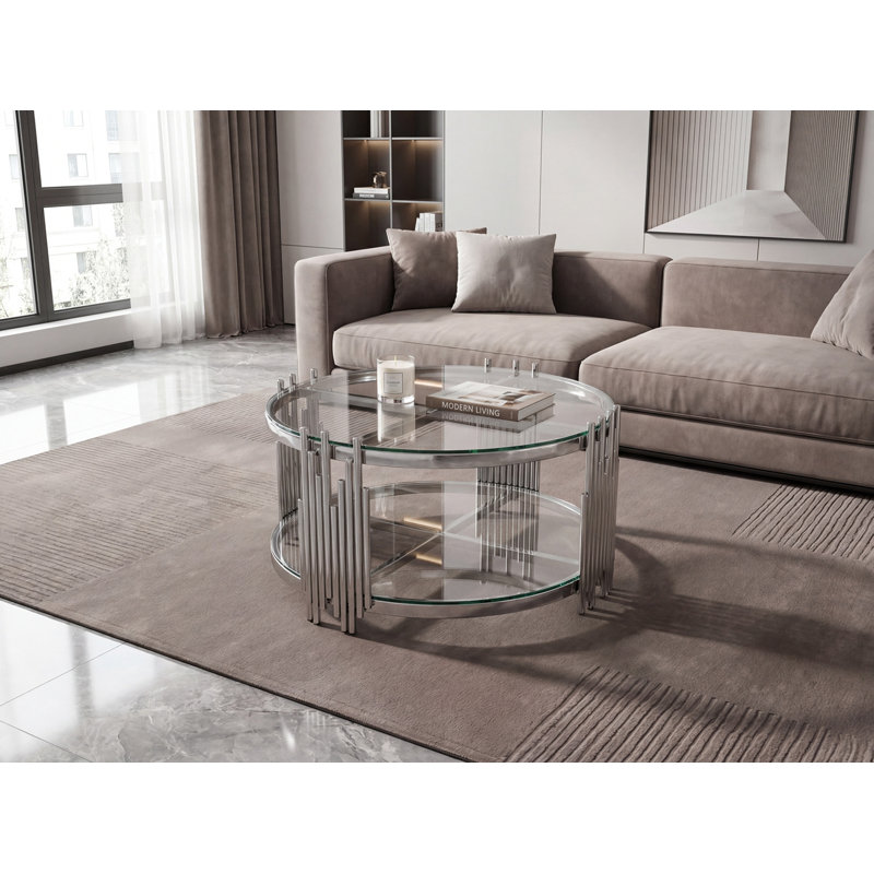 Table basse ronde en acier inoxydable en verre trempé double couche et argent