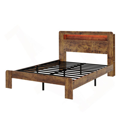 Bed Frame Queen Size, Wood Platform Bed Frame with Storage LED Light Headboard and 2 USB , Noise Free,No Box Spring Needed and Easy Assembly Tool,Large Under Bed Storage,Dark Brown