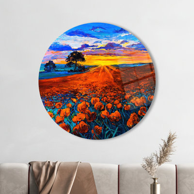 Sunset Landscape Glass Wall Art Featuring Vibrant Florals for Elegant Home Decor and Wall Statement Piece