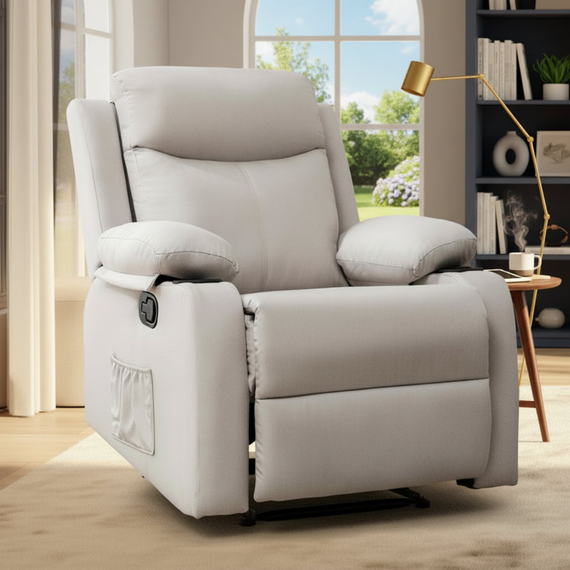 Linen Fabric Manual Small Recliner, Fixed Base, Beige, Designed For Small Spaces., White