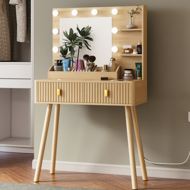 Fluted Oak Vanity Desk With Mirror Bulb Lights Makeup Desk With 2 Drawers Storage Shelves Dressing Table, Brown