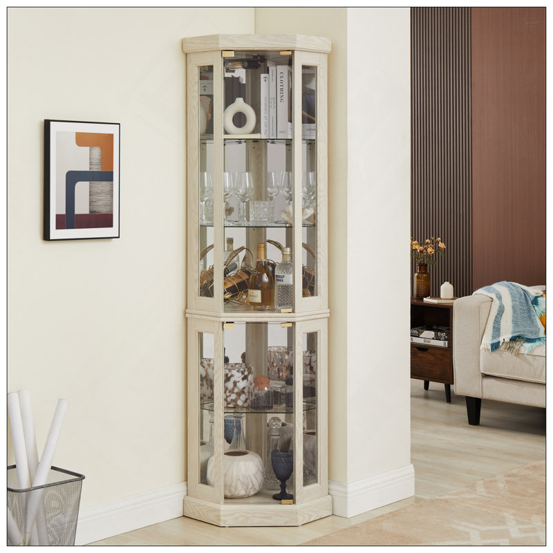Lighted Corner Curio Cabinet - Display Case For Living Room, Antique Collectibles, Wine & Bar Glass Storage - Elegant Corner Design With Lights Included- White