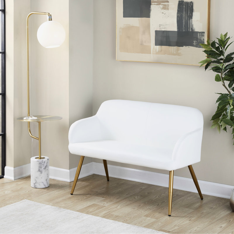 Banc blanc en similicuir à haut dossier en acier doré, style contemporain pour plus de confort, deux places, usage intérieur seulement, limite de 500 lb, assemblage nécessaire en acier et banc, conception moderne avec utilisation, poids
