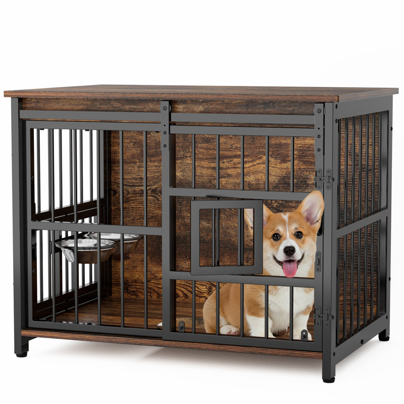 Dog Crate Furniture, Wooden Heavy-Duty Dog Cage with Sliding Barn Door, Escape-Proof and Chew-Proof, Interactive Window for High-Anxiety Dogs, Double-Door, 360° Adjustable Bowls