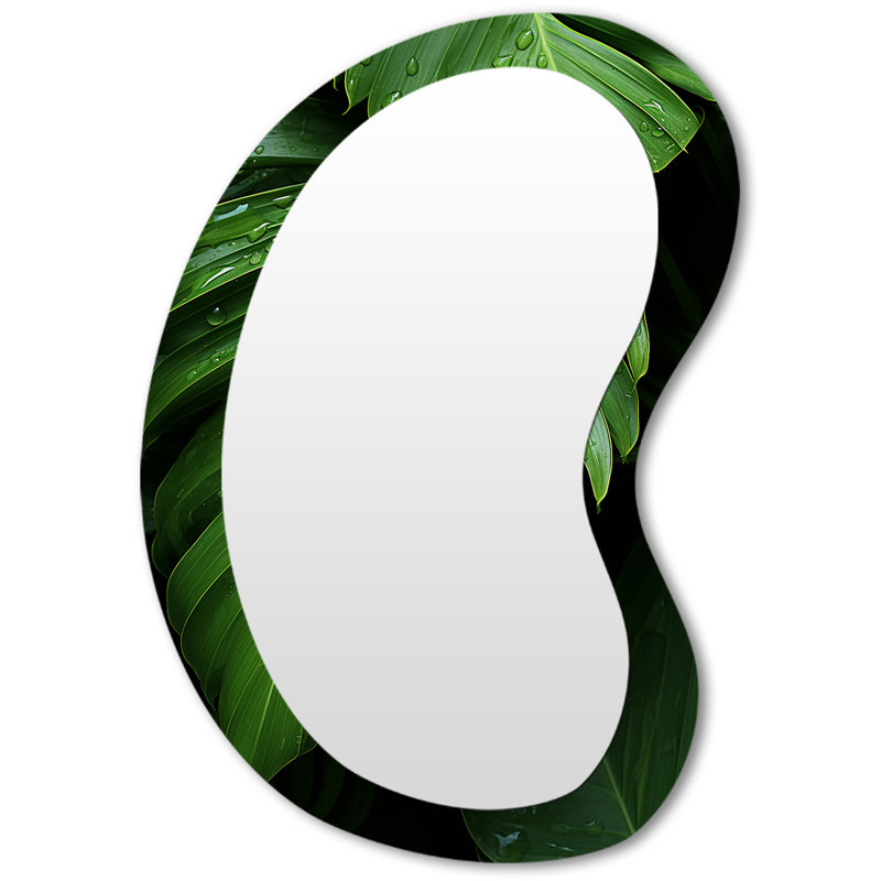 Palm Leaves Serenity - Green Unique Shape Mirror, Traditional Freeform Unique Wall Mirror, Printed Metal Art, 31" x 22"