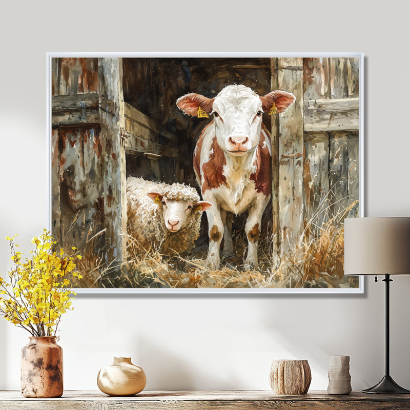 Portrait de vache et mouton à la grange I - décoration murale vache, H 16 po x l 32 po, Cadre flottant blanc