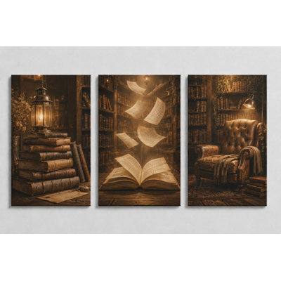 Large Set of 3 Dark Academia Library Canvas Wall Art Vintage Book Reading Room Decor Moody Antique Study Artwork for Office 16x24 Inch Canvas Print - Ready to hang
