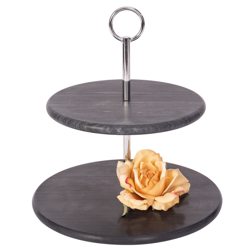 Black Matte Marble 2-Tier Round Dessert Plate with Metal Handle