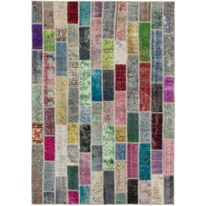 Tapis unique en laine noué à la main style patchwork des années 2010 de 5 pi 6 po x 7 pi 10 po gris / rose Kare